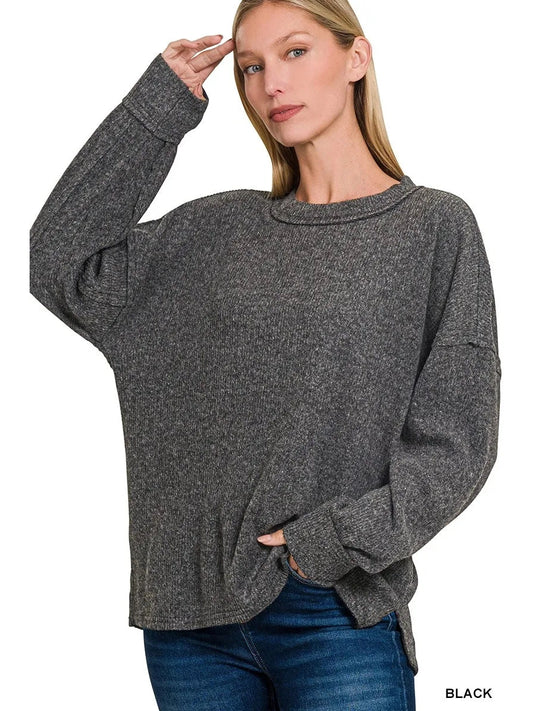 Zenana Full Size Brushed Ribbed Hacci Drop Shoulder Sweater Plus Size Trendsi