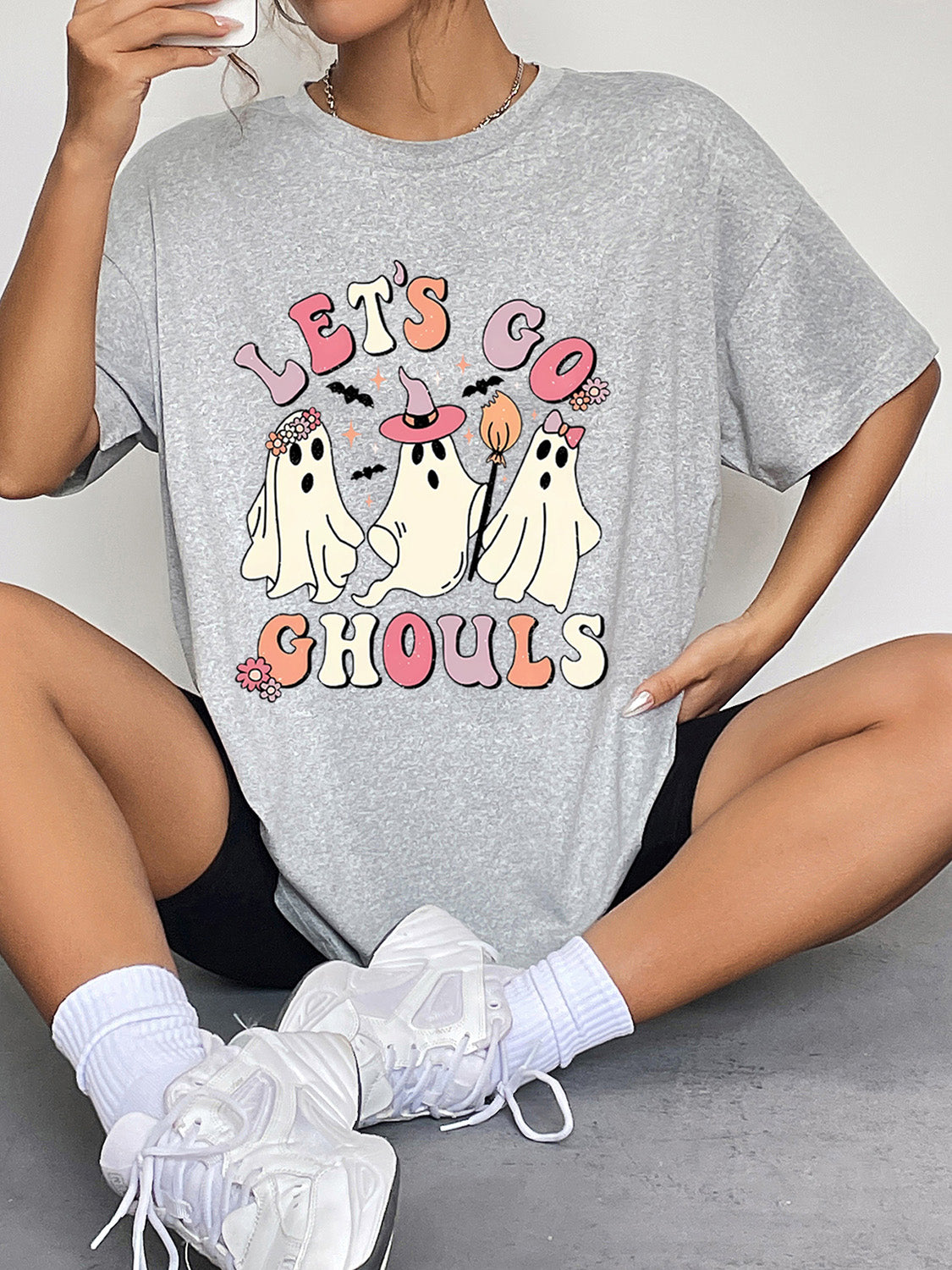 Round Neck Short Sleeve LET'S GO GHOULS Graphic T-Shirt NicholesGifts