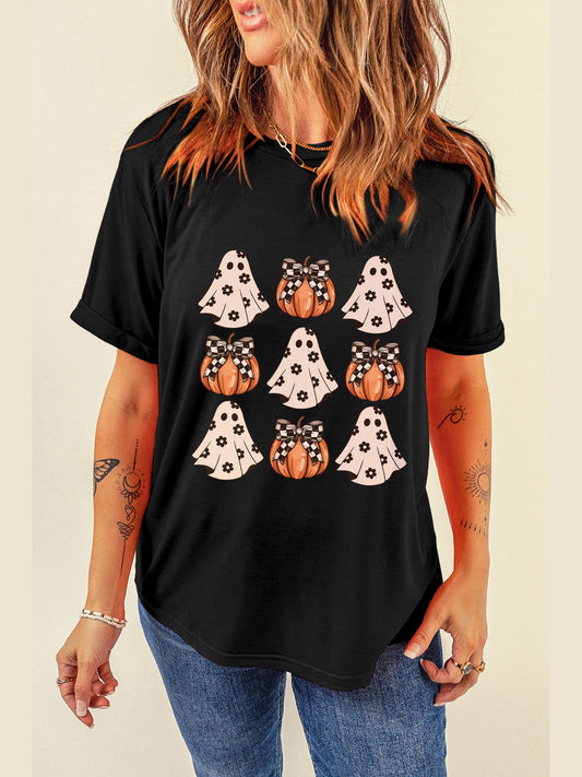 Women Halloween Graphic Round Neck Short Sleeve T-Shirt