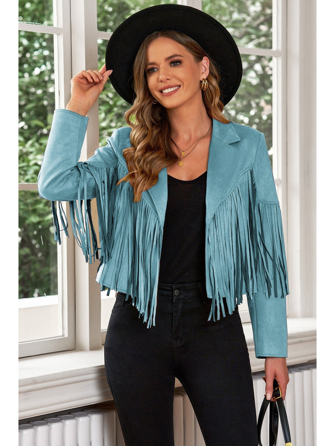 Fringe Trim Lapel Collar Cropped Blazer NicholesGifts