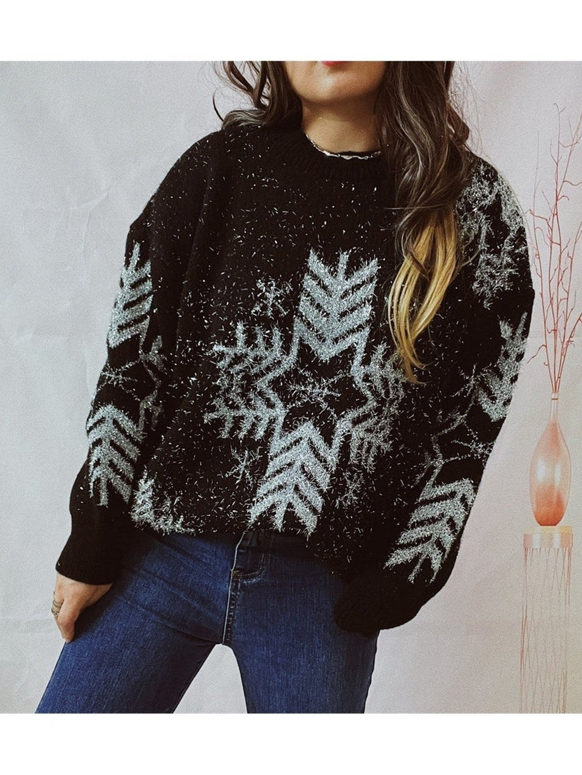 Snowflake Pattern Long Sleeve Sweater NicholesGifts