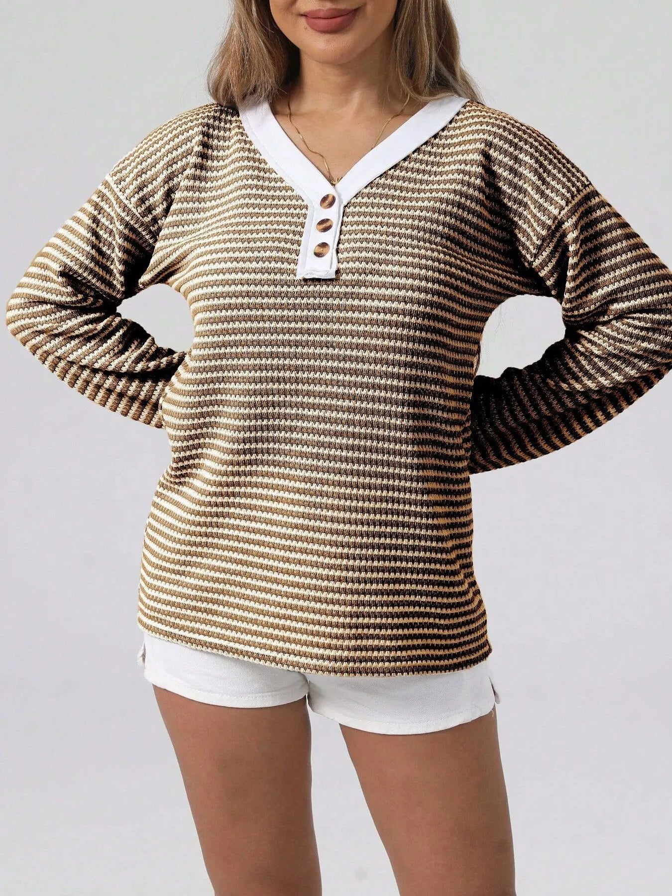Striped Button Detail Long Sleeve Top