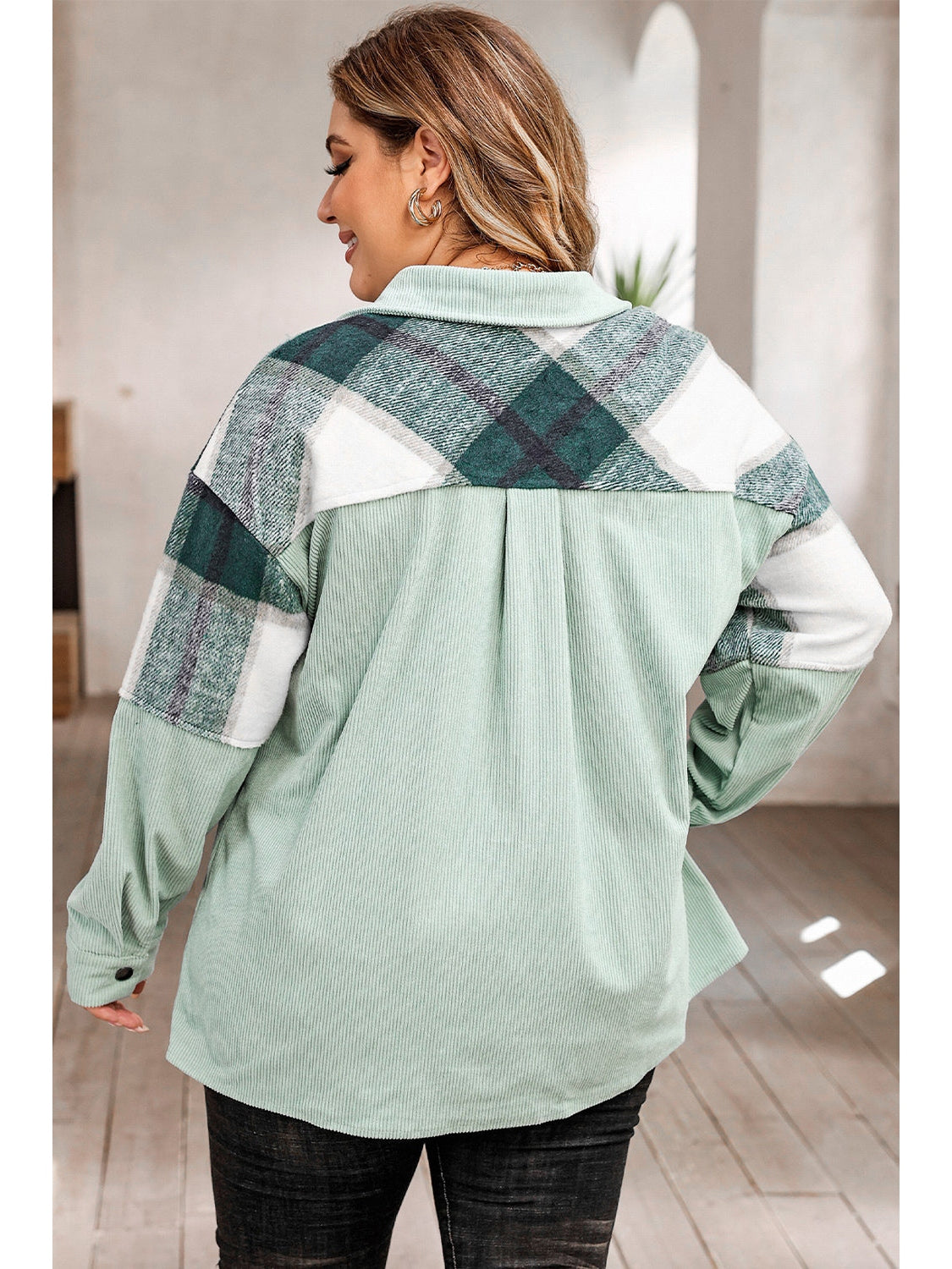 Plus Size Women Plaid Snap Down Jacket with Pockets NicholesGifts