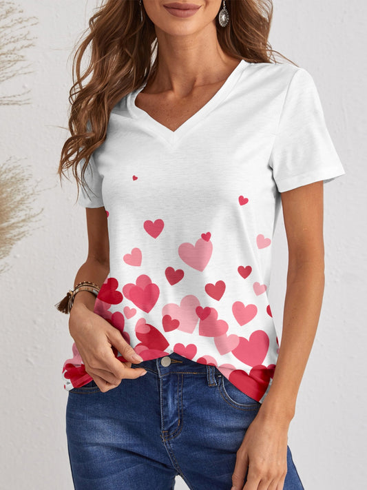 Women Heart V-Neck Short Sleeve White T-Shirt