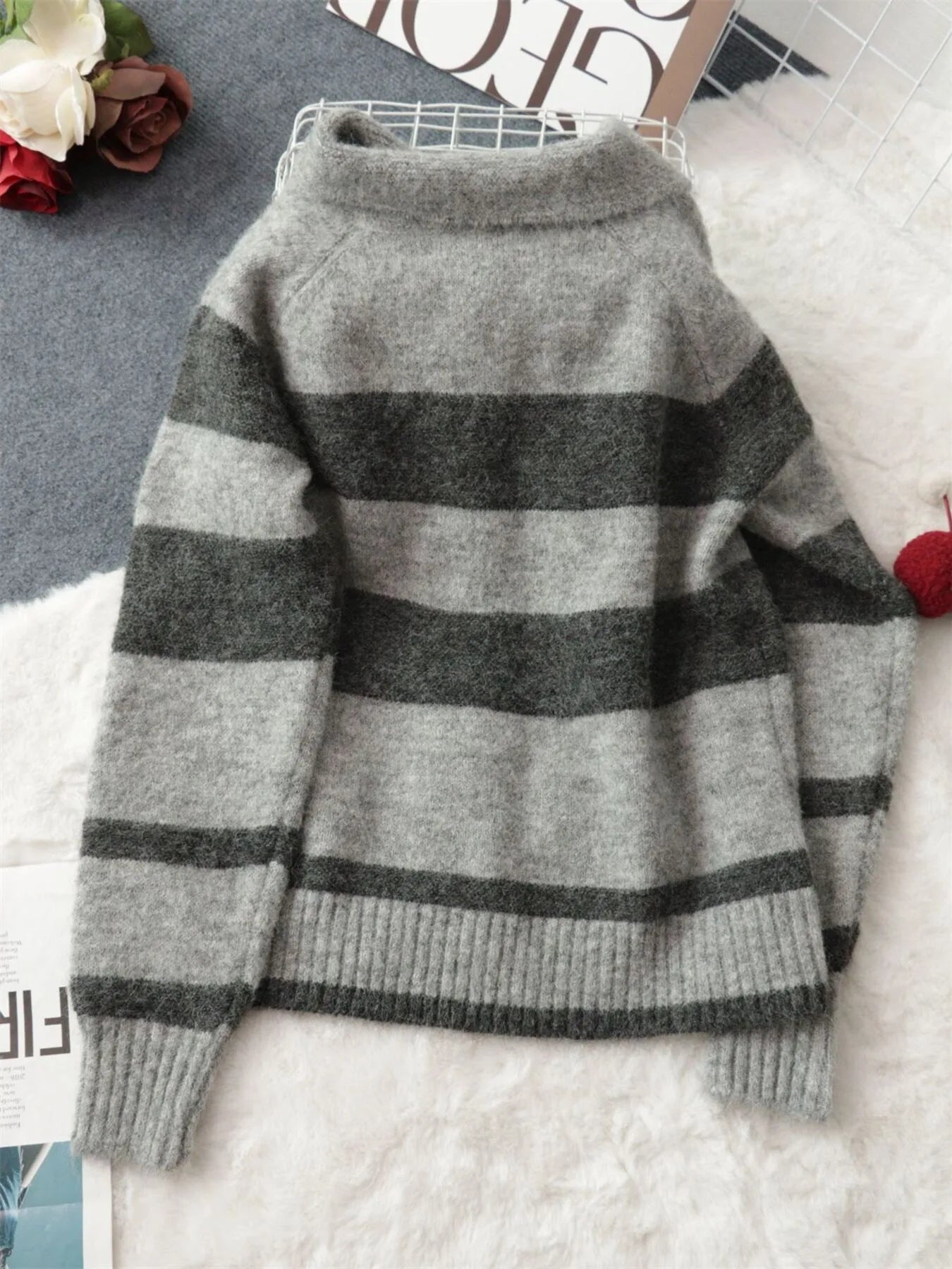 Striped Button-Up Cozy Cardigan