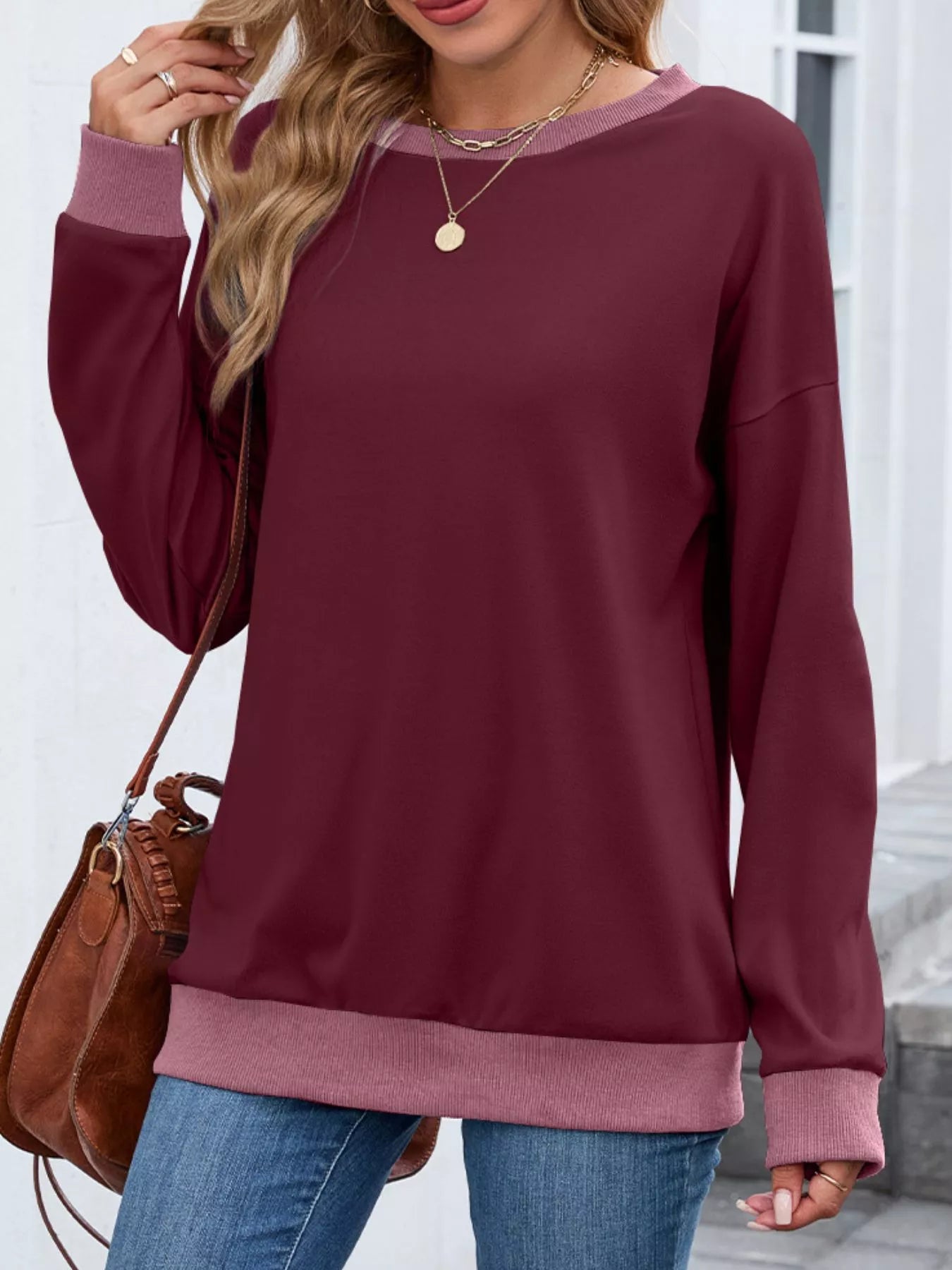Contrast Trim Long Sleeve Sweatshirt Trendsi