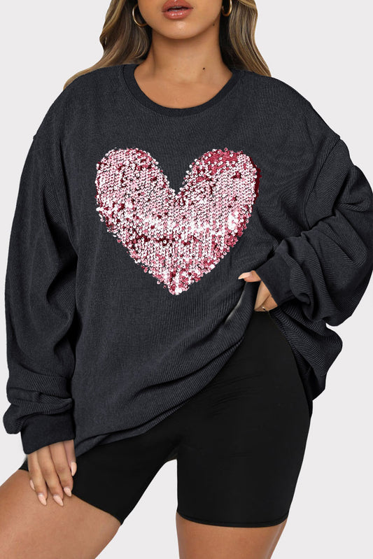 NicholesGifts Women Plus Size Heart Sequin Round Neck Sweatshirt NicholesGifts