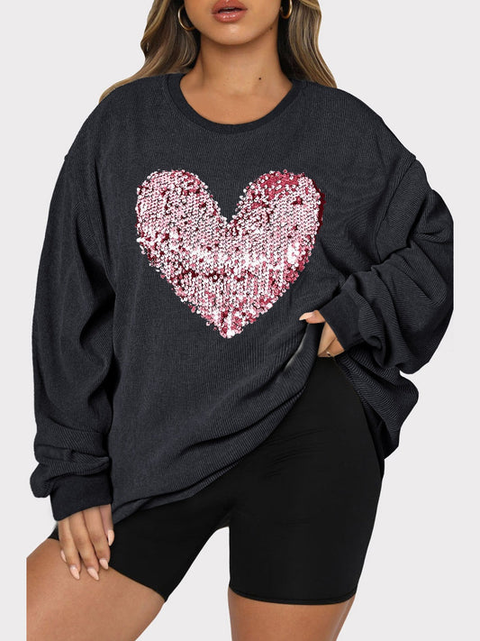 Women Plus Size Heart Sequin Round Neck Sweatshirt nicholesgifts