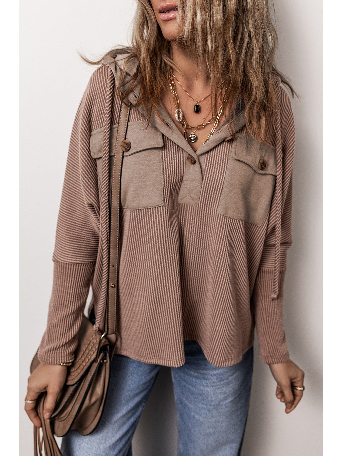 NicholesGifts Women Pocketed Half Button Long Sleeve Hoodie NicholesGifts