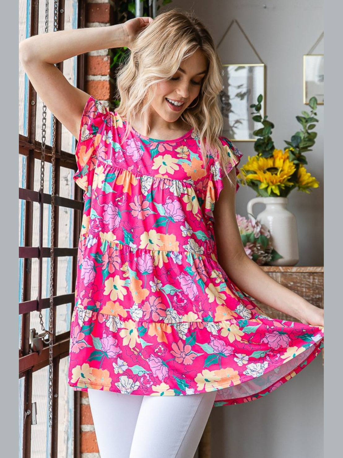 Heimish Full Size Floral Ruffle Sleeve Tiered Blouse NicholesGifts