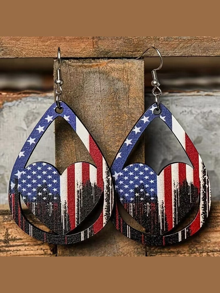 US Flag Pattern Wooden Earrings NicholesGifts