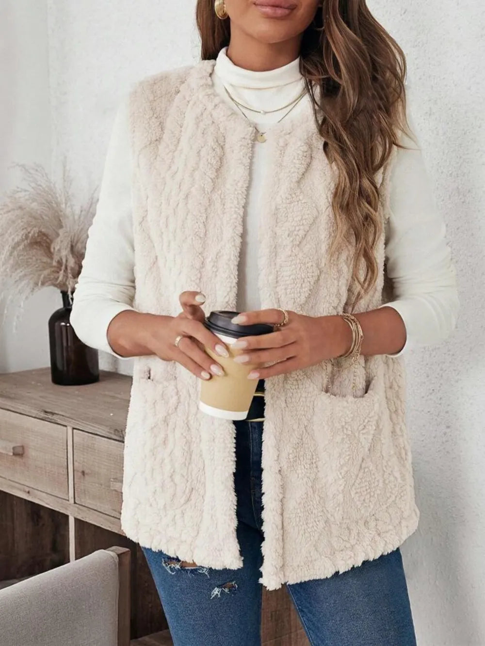 Fuzzy Open Front Vest with Pockets nicholesgifts