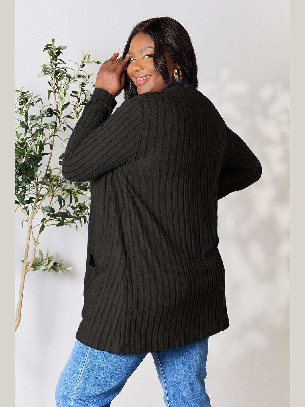 NicholesGifts Women Basic Bae Full Size Ribbed Open Front Cardigan with Pockets NicholesGifts