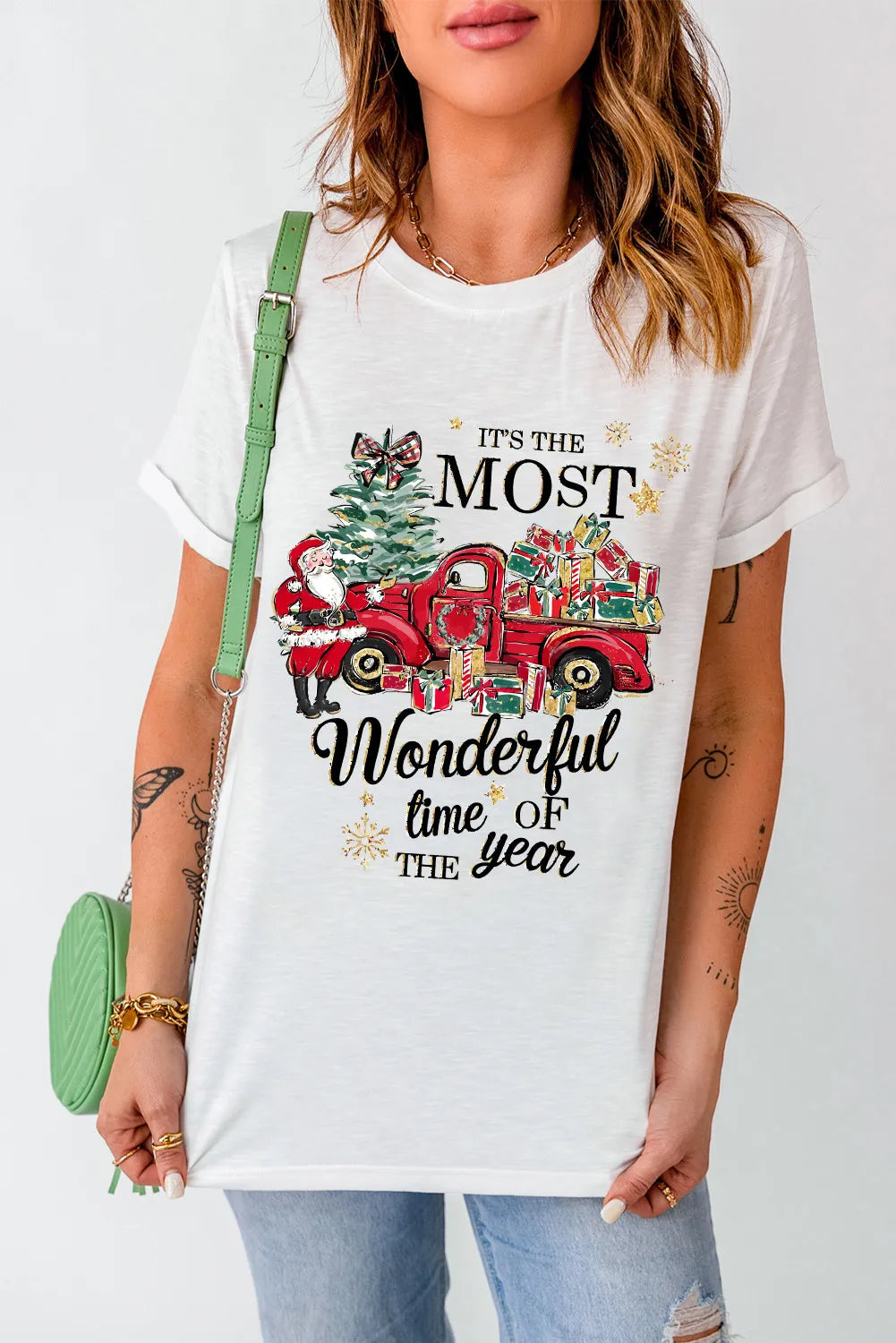 NicholesGifts Women Graphic Round Neck Short Sleeve Christmas T-Shirt NicholesGifts