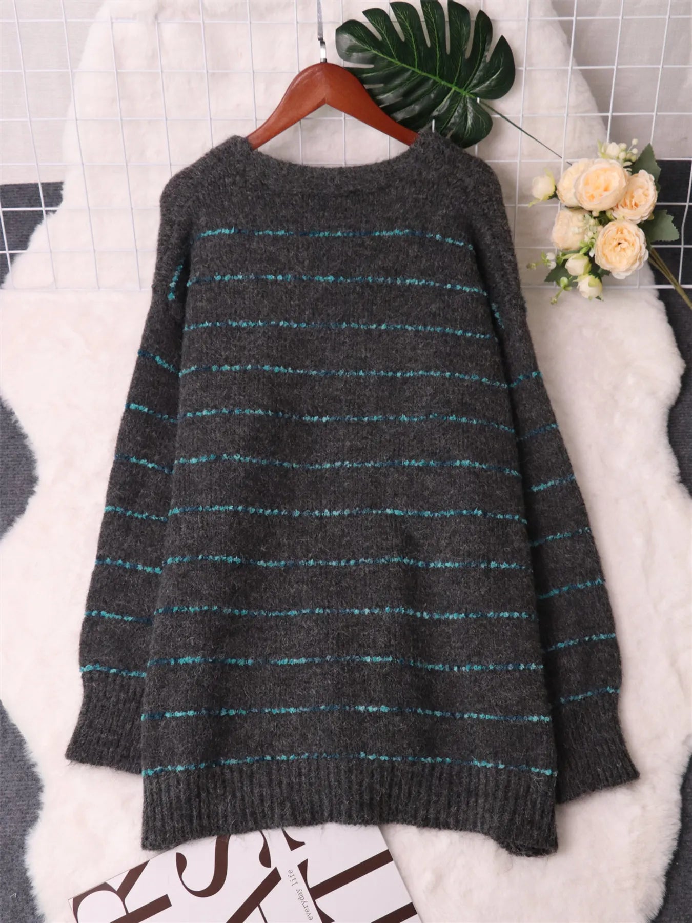 Striped Button-Up Cardigan with V-Neck Design