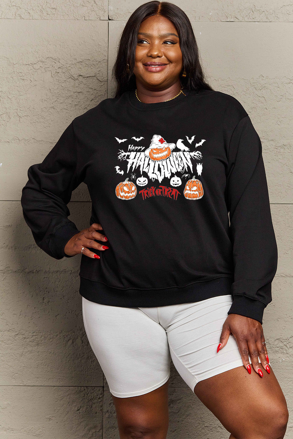 Women Simply Love Full Size Happy Halloween Trick or Treat Graphic Sweatshirt NicholesGifts