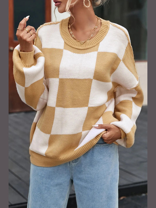 Checkered Exposed Seam Drooped Shoulder Sweater nicholesgifts