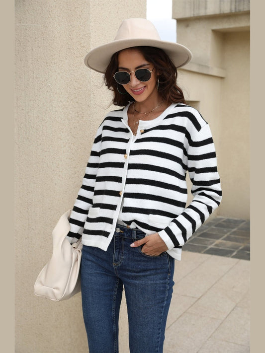 NicholesGifts Women Striped Round Neck Button-Down Dropped Shoulder Cardigan