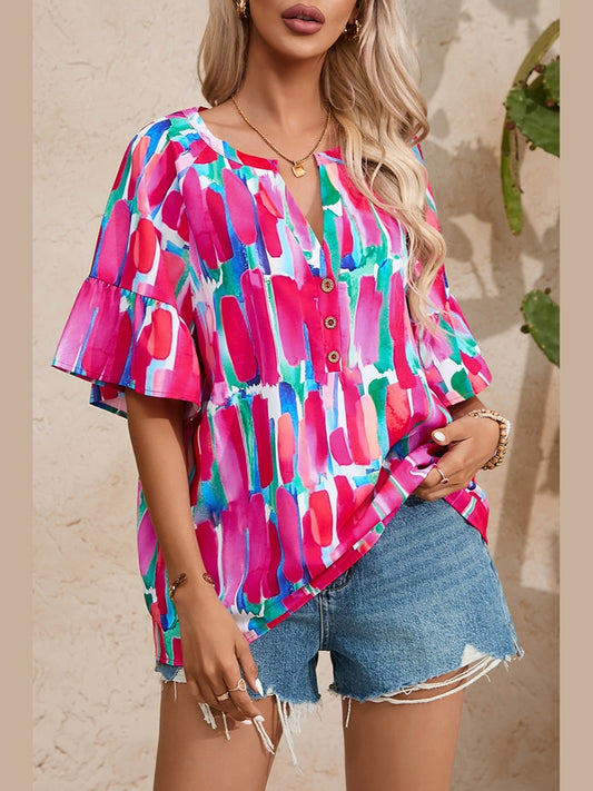 Printed Notched Half Sleeve Blouse