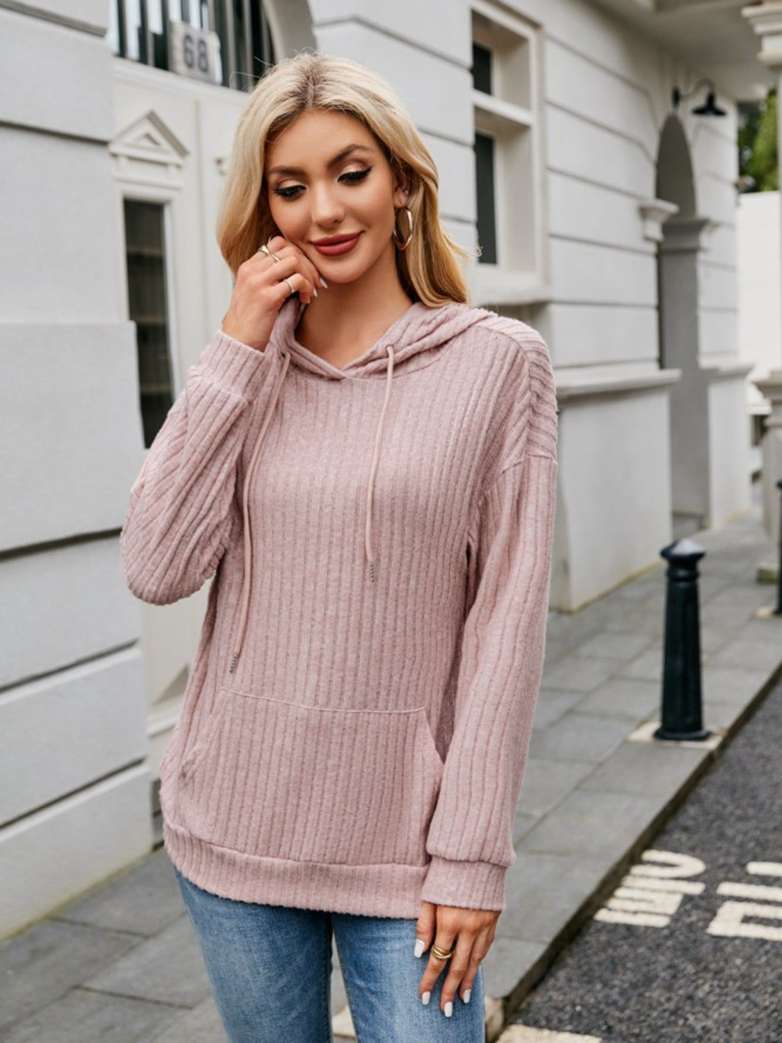 NicholesGifts Women Ribbed Drawstring Long Sleeve Hoodie NicholesGifts