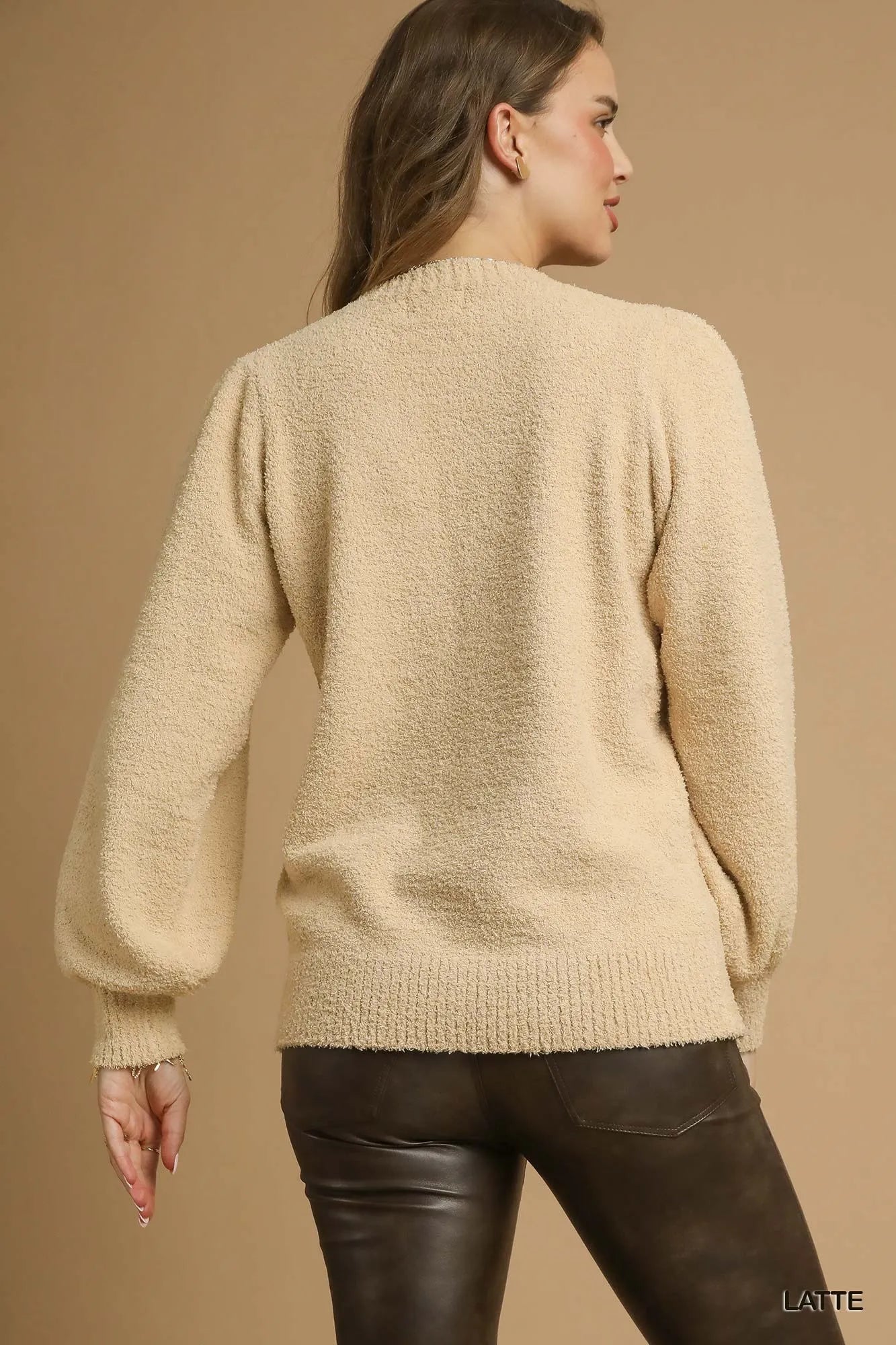 Umgee Textured Long Sleeve Sweater with Ribbed Trim