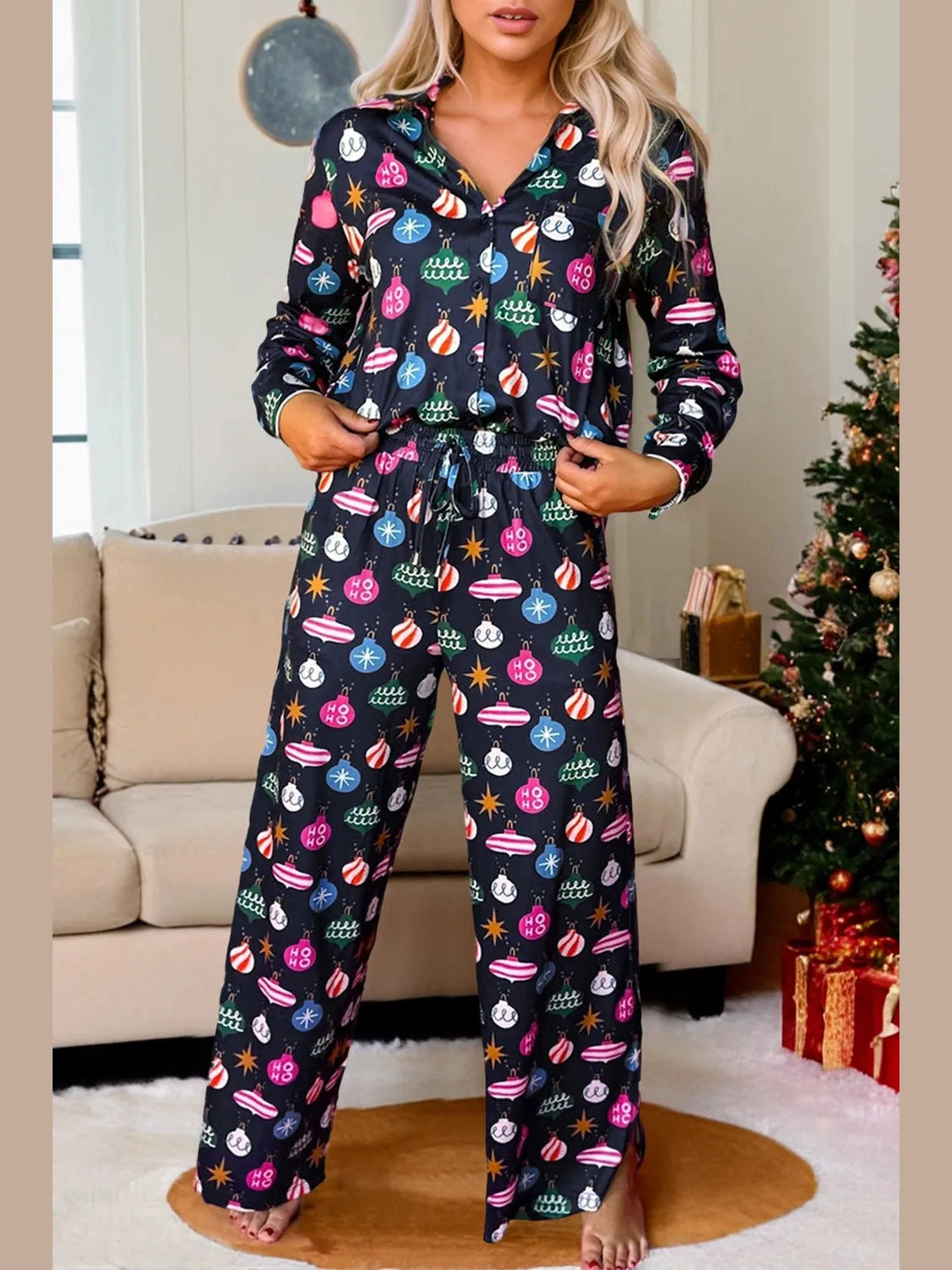 Christmas Lights Print Collared Neck Top and Pants Set Trendsi