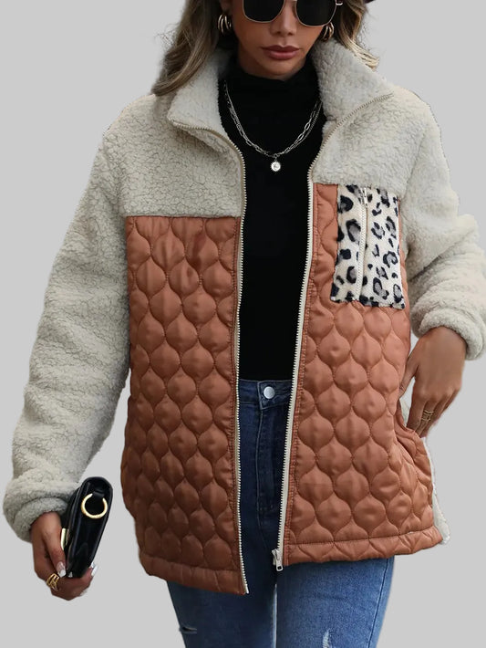 Leopard Color Block Zip-Up Jacket nicholesgifts