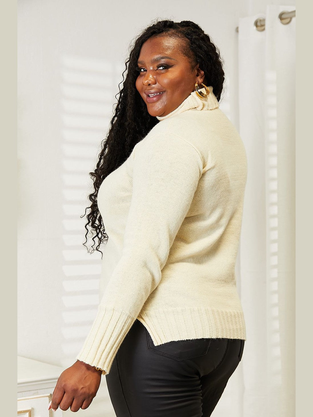 Heimish Full Size Long Sleeve Turtleneck Sweater with Side Slit Trendsi