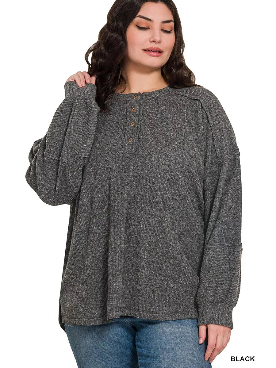 Zenana Full Size Ribbed Brushed Hacci Melange Henley Sweater Plus Size Trendsi