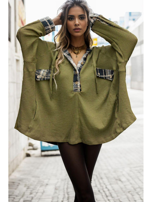 NicholesGifts Women Waffle-Knit Buttoned Long Sleeve Hoodie