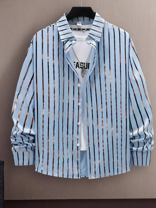 Men's Full Size Striped Button Up Long Sleeve Shirt Plus Size NicholesGifts