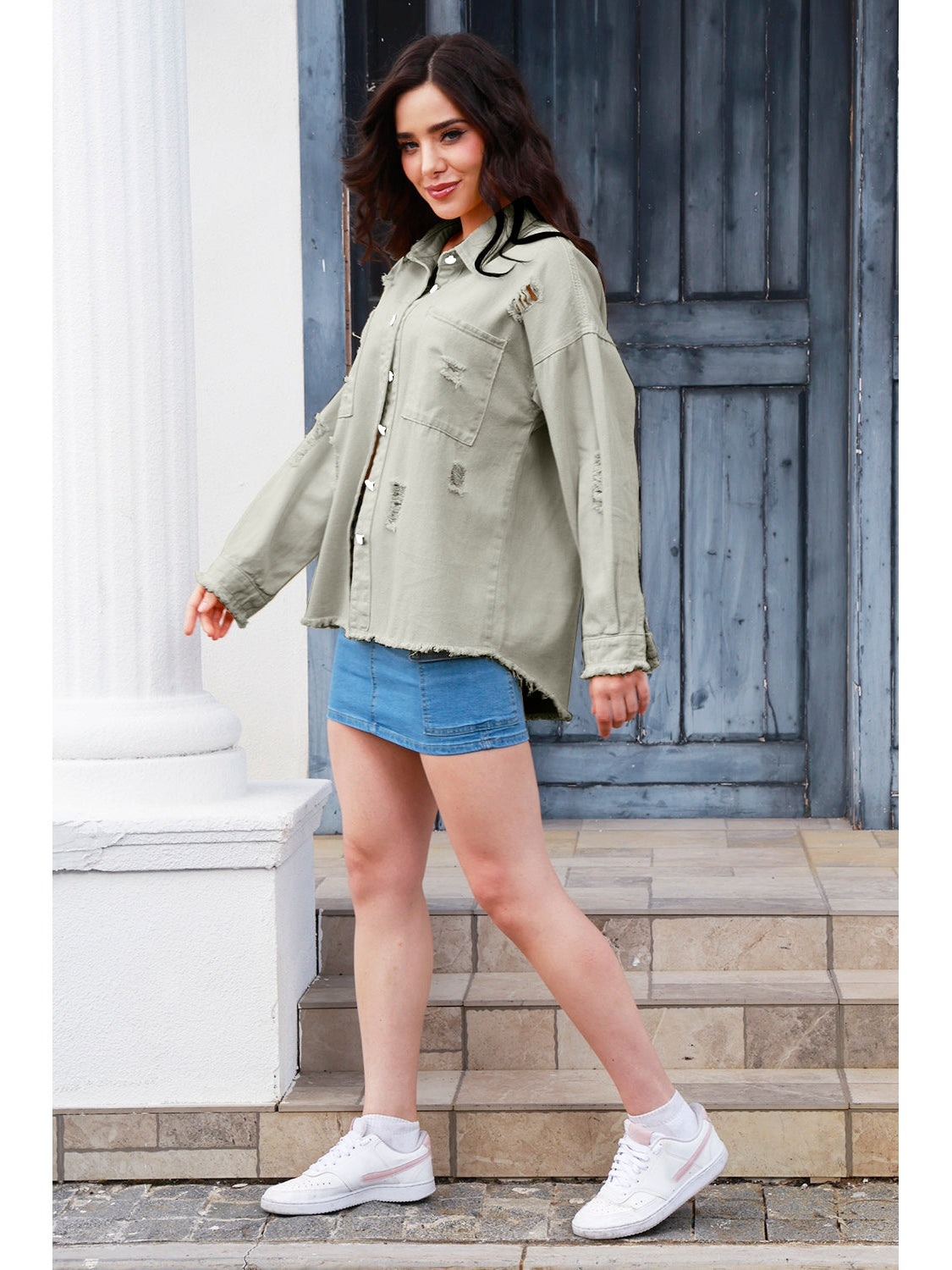 NicholesGifts Women Distressed Button Up Raw Hem Denim Jacket NicholesGifts
