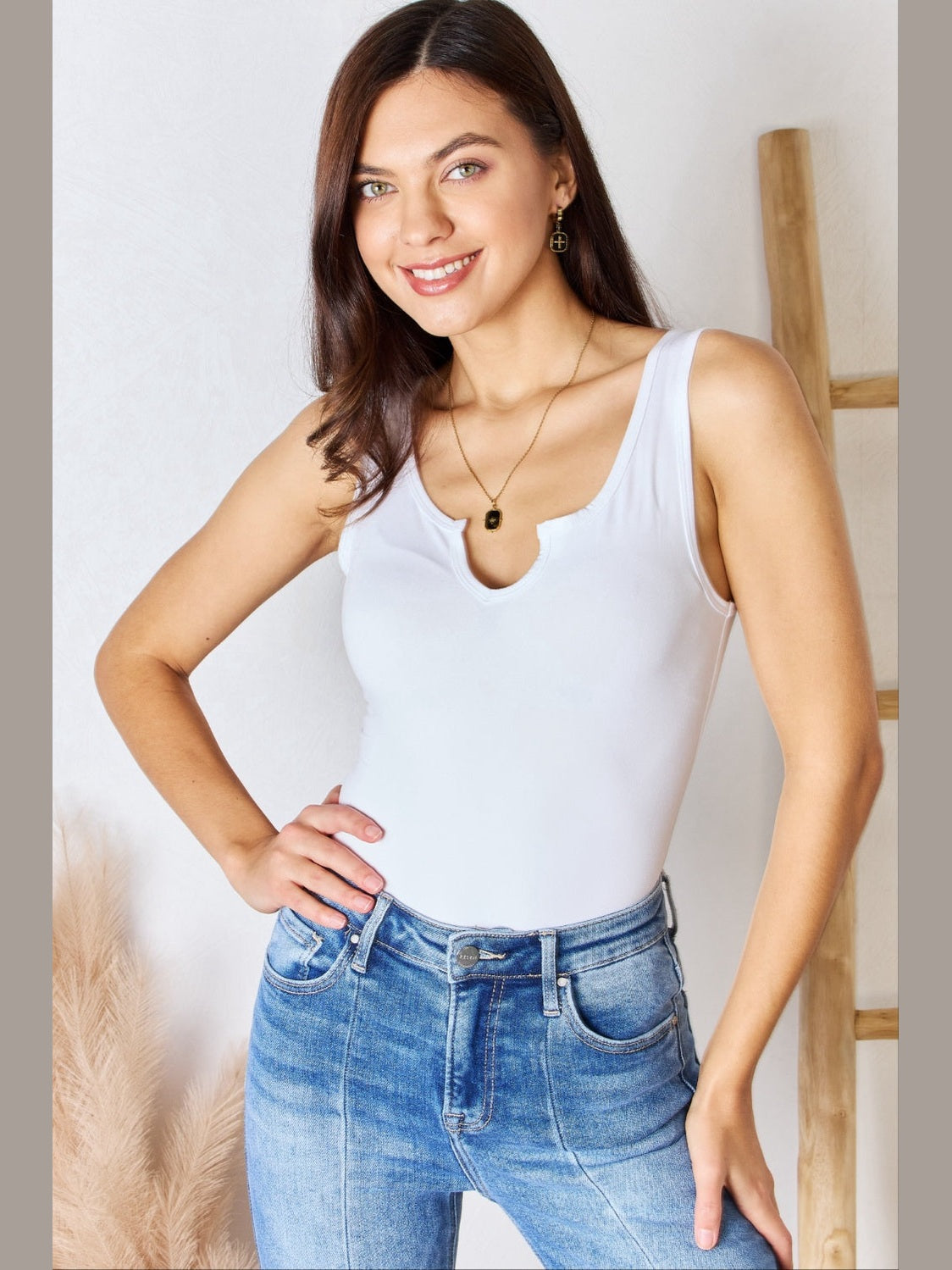 Zenana Microfiber Notched Sleeveless Bodysuit NicholesGifts