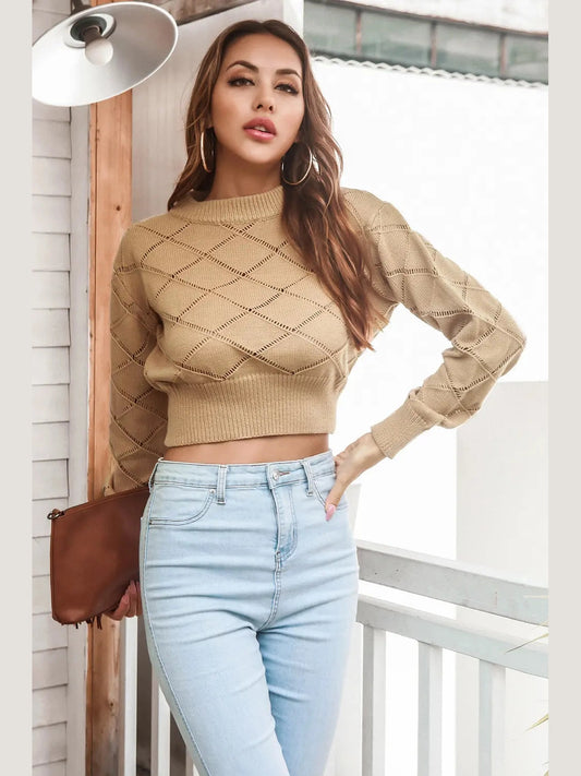 Openwork Plaid Round Neck Cropped Sweater Trendsi