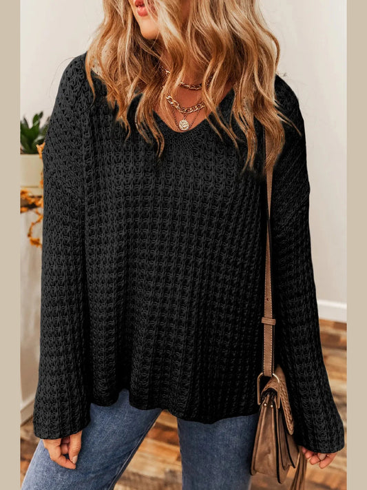 Openwork Round Neck Long Sleeve Sweater Trendsi