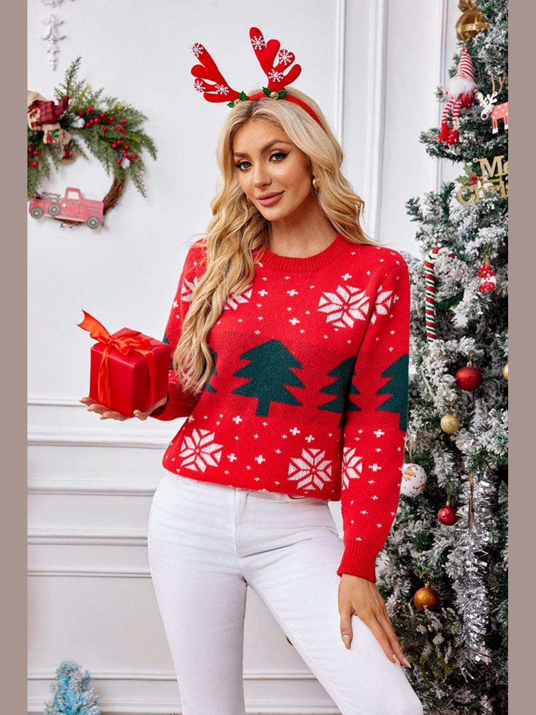 NicholesGifts Women Christmas Tree Round Neck Long Sleeve Sweater NicholesGifts