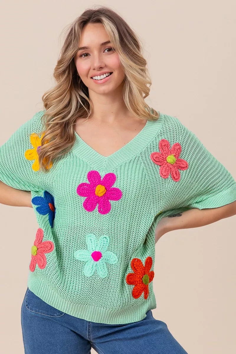 BiBi Flower Patches Dolman Sleeve Lightweight Sweater