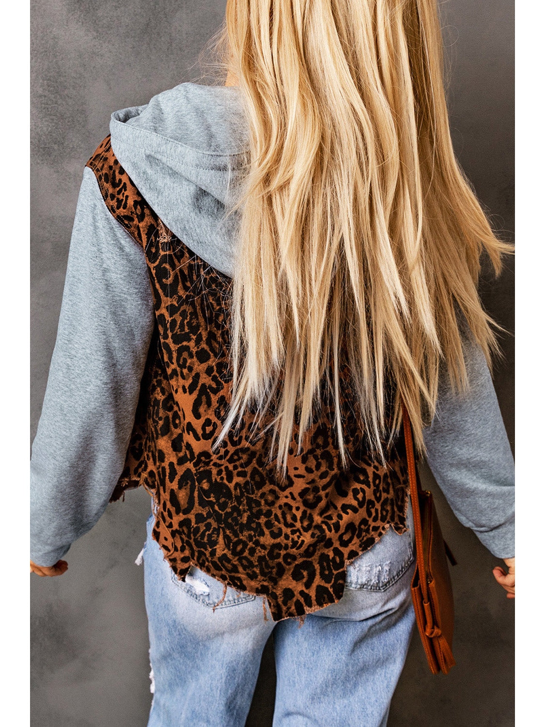 NicholesGifts Women Leopard Distressed Drawstring Hooded Denim Jacket NicholesGifts