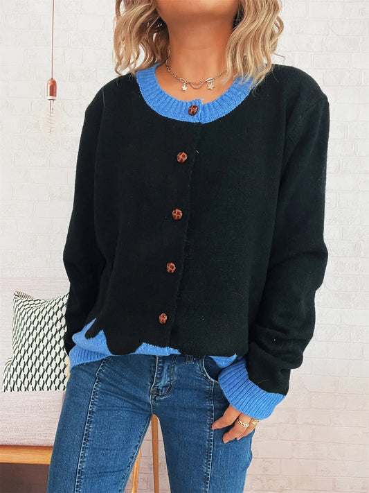 Button-Front Contrast Trim Cardigan