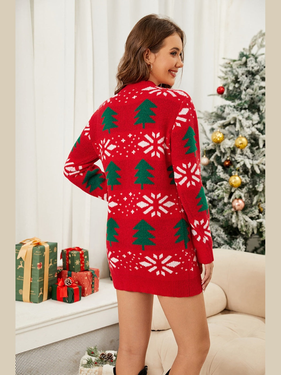 Christmas Tree Round Neck Sweater Dress NicholesGifts