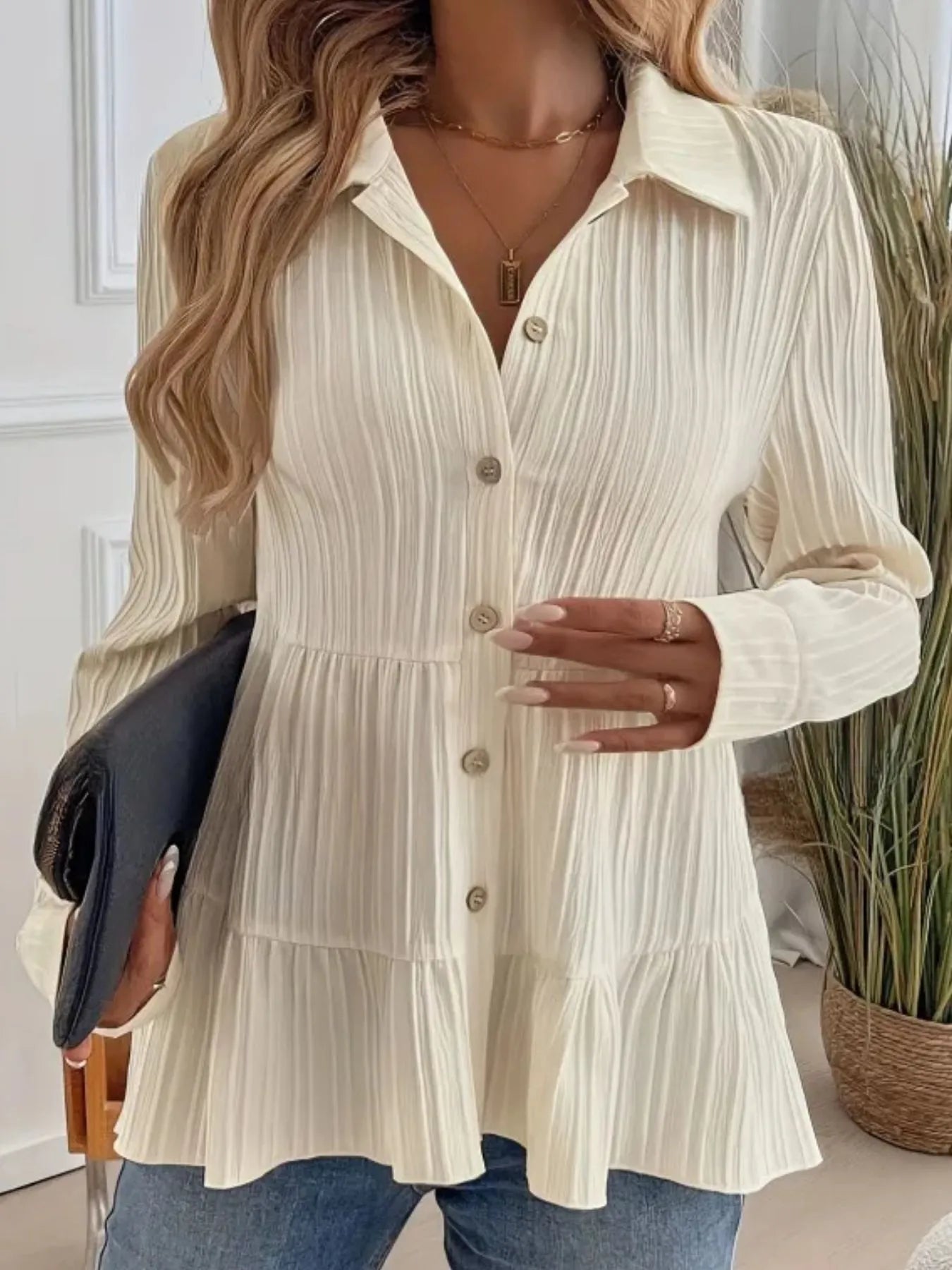 Women Striped Button-Down Tiered Shirt