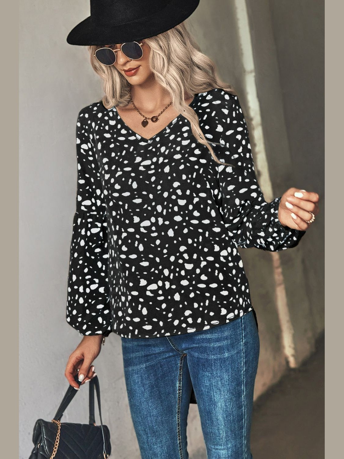 Animal Print V-Neck High-Low Blouse