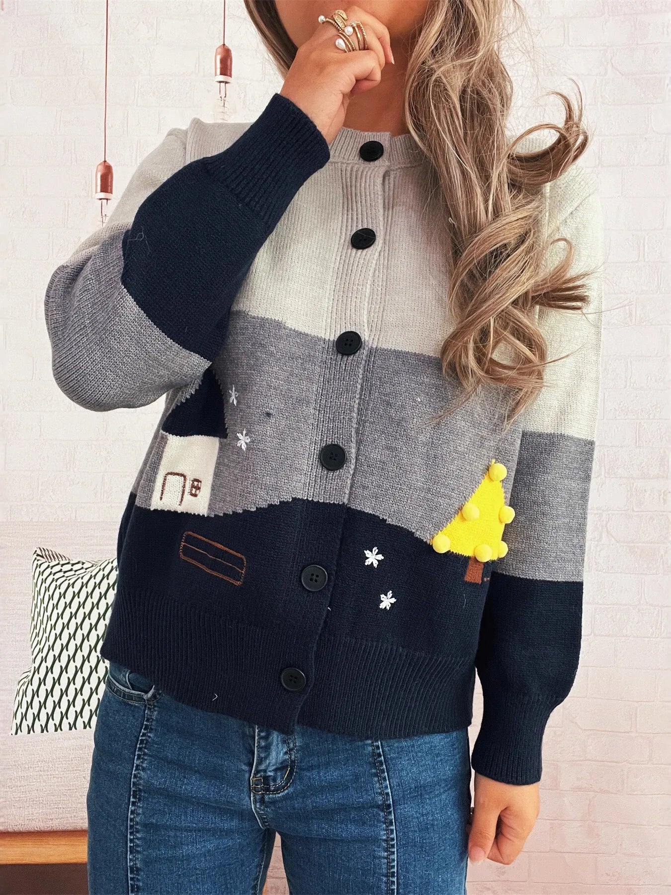 Women Color Block Button-Up Cardigan