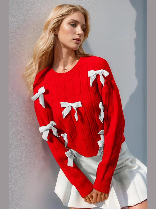 Double Take Full Size Bow Cable-Knit Round Neck Sweater Trendsi