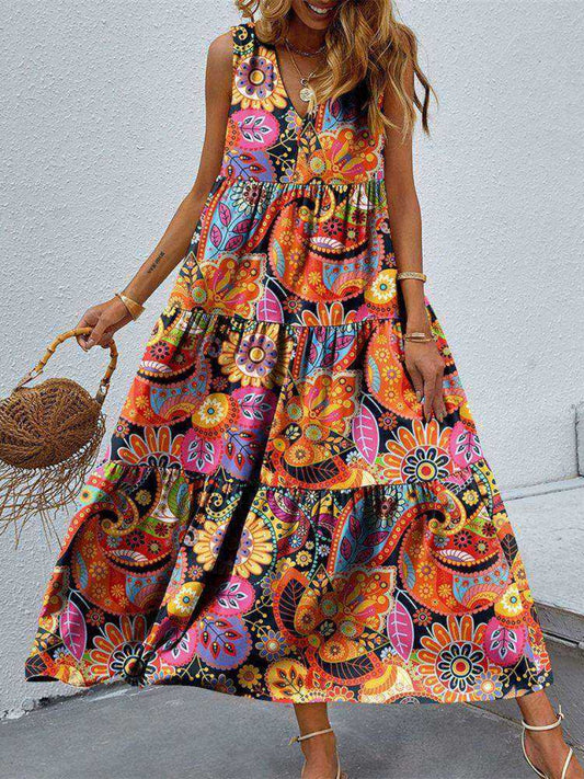 Women Multicolored Tiered Printed V-Neck Sleeveless Summer Maxi Dress NicholesGifts