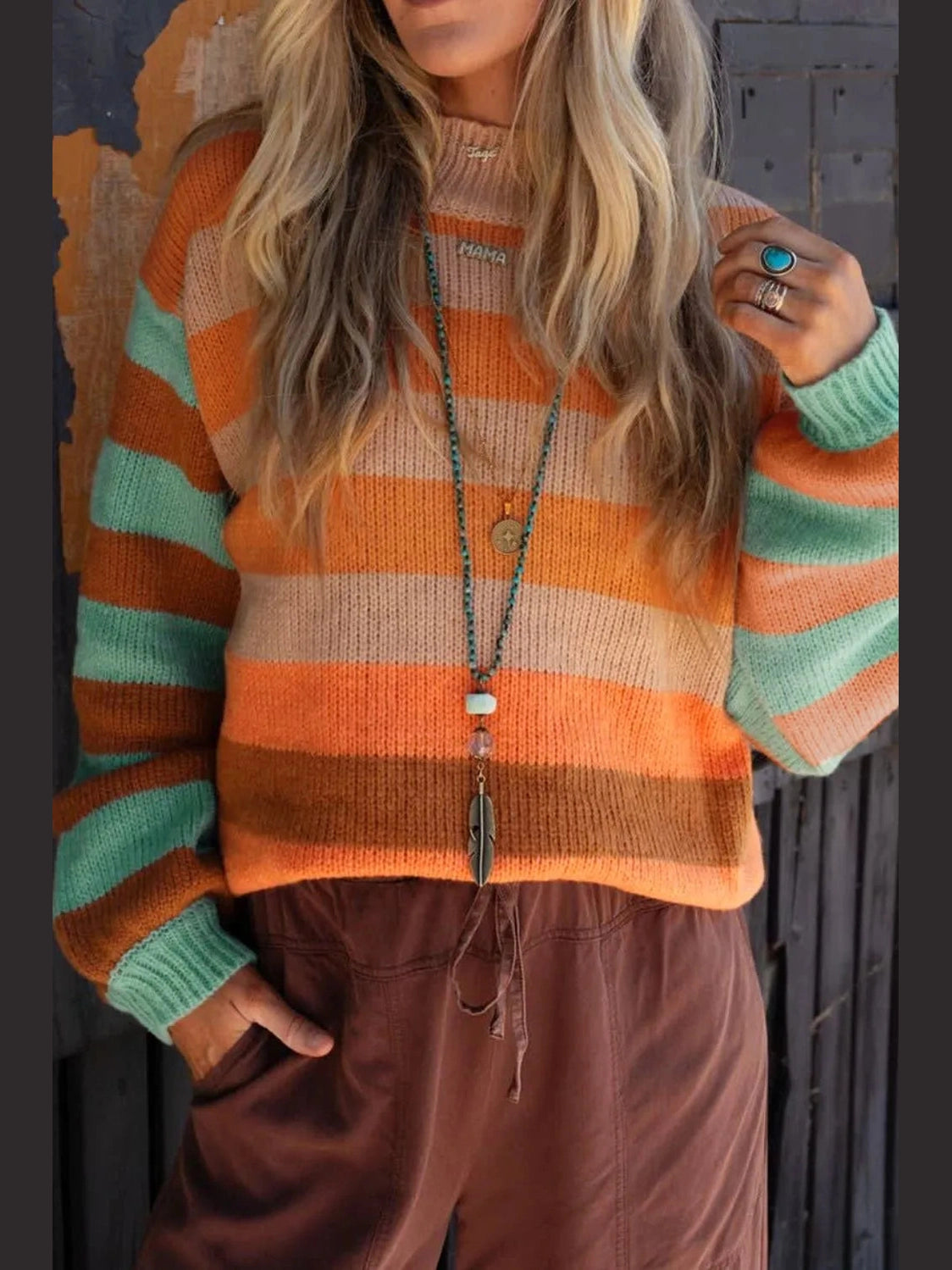 Women Striped Rainbow Long Sleeve Sweater nicholesgifts