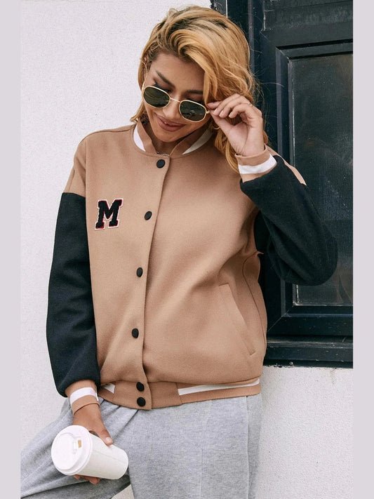 Ivy Lane Contrast Baseball Collar Snap Down Jacket nicholesgifts