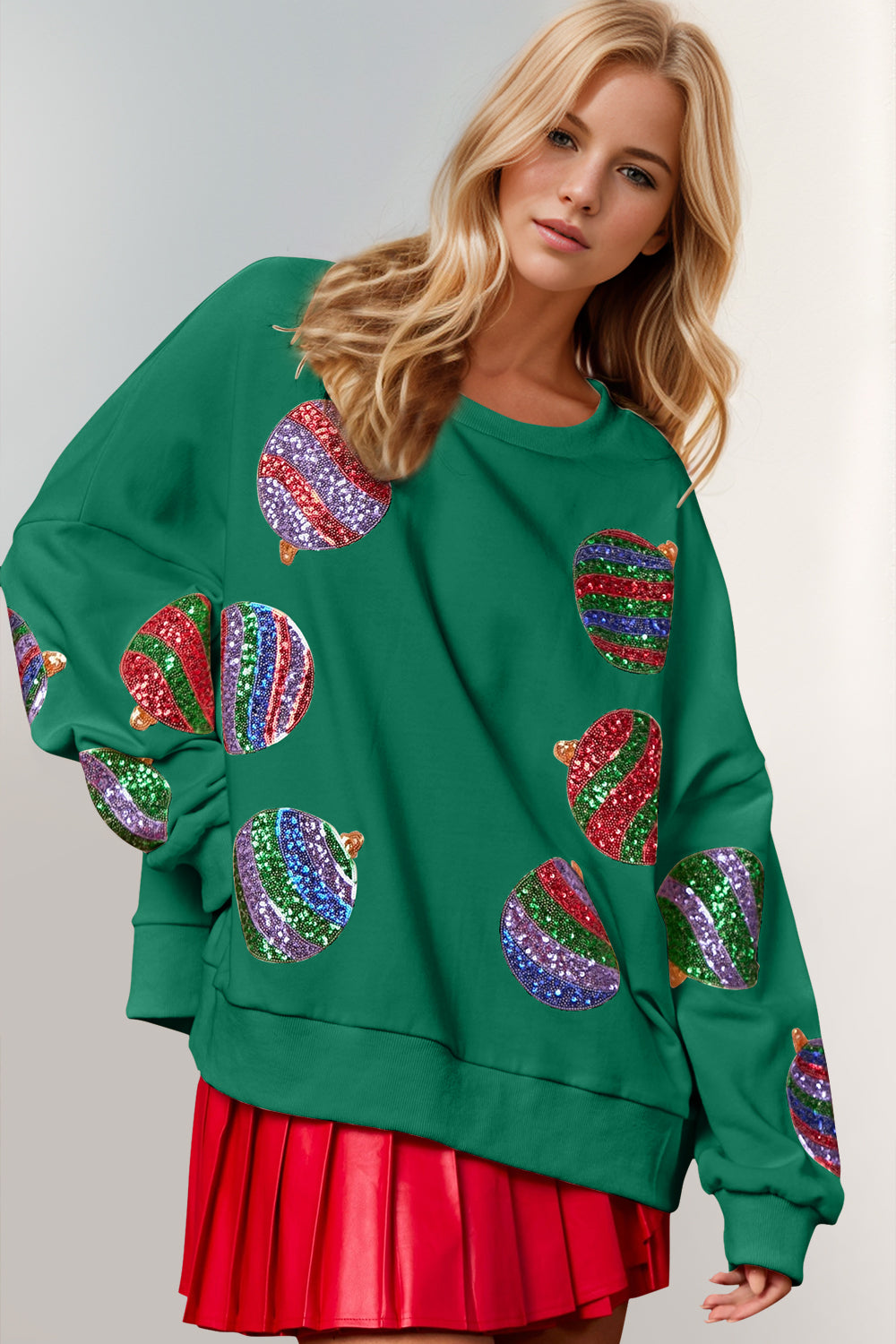 Double Take Christmas Element Sequin Round Neck Long Sleeve Sweatshirt NicholesGifts