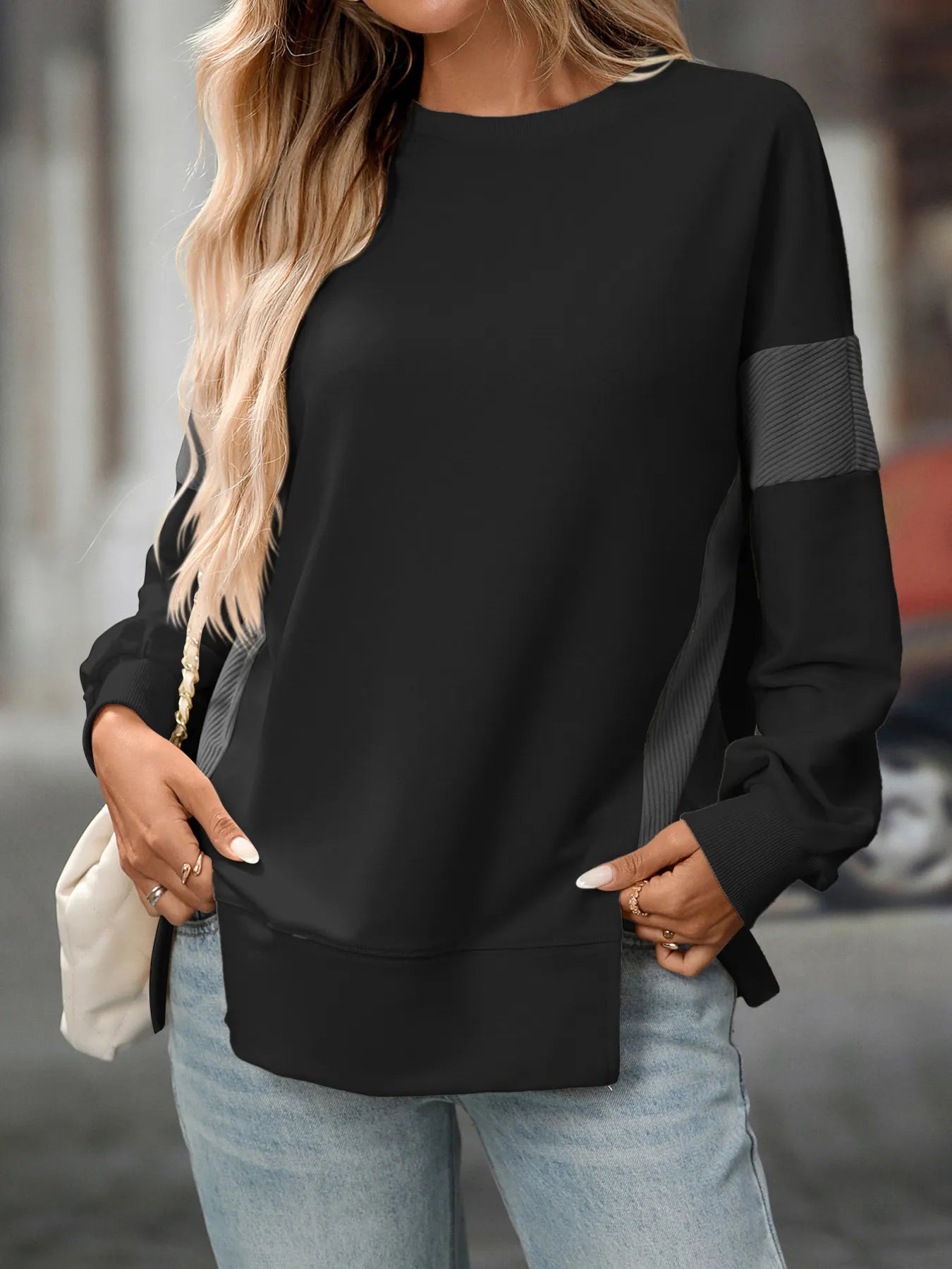Slit Round Neck Long Sleeve Sweatshirt