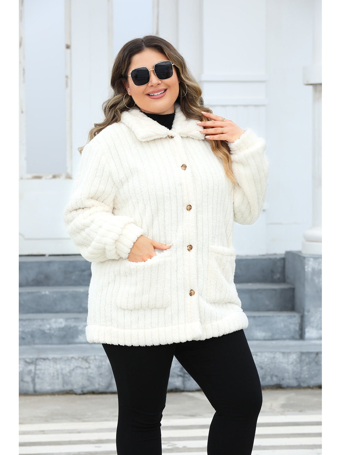 Plus Size Fuzzy Collared Neck Long Sleeve Jacket NicholesGifts